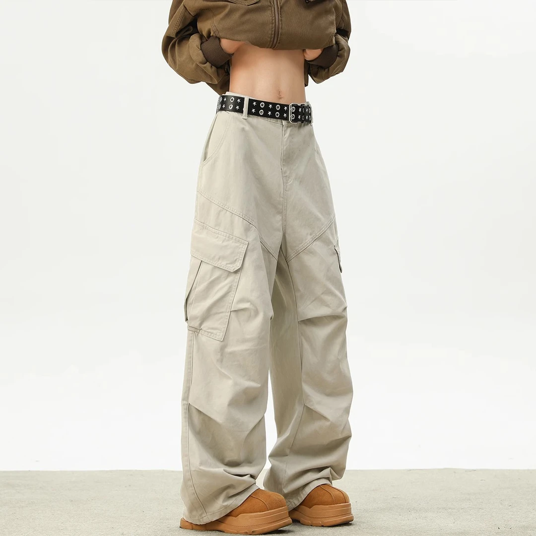 Cebrodz美式米白色多口袋休闲裤男士春季潮牌伞兵阔腿直筒长裤子