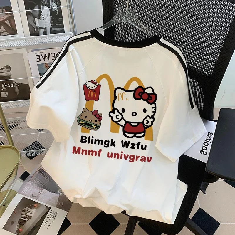 HelloKitty女童纯棉短袖t恤夏季新款中大童女孩三条杠宽松上衣