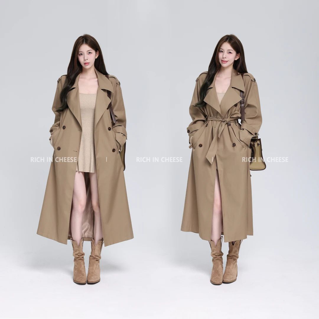 舒胡蕾 梧桐秋意 高级感大翻领双排扣系腰带气质长款风衣外套