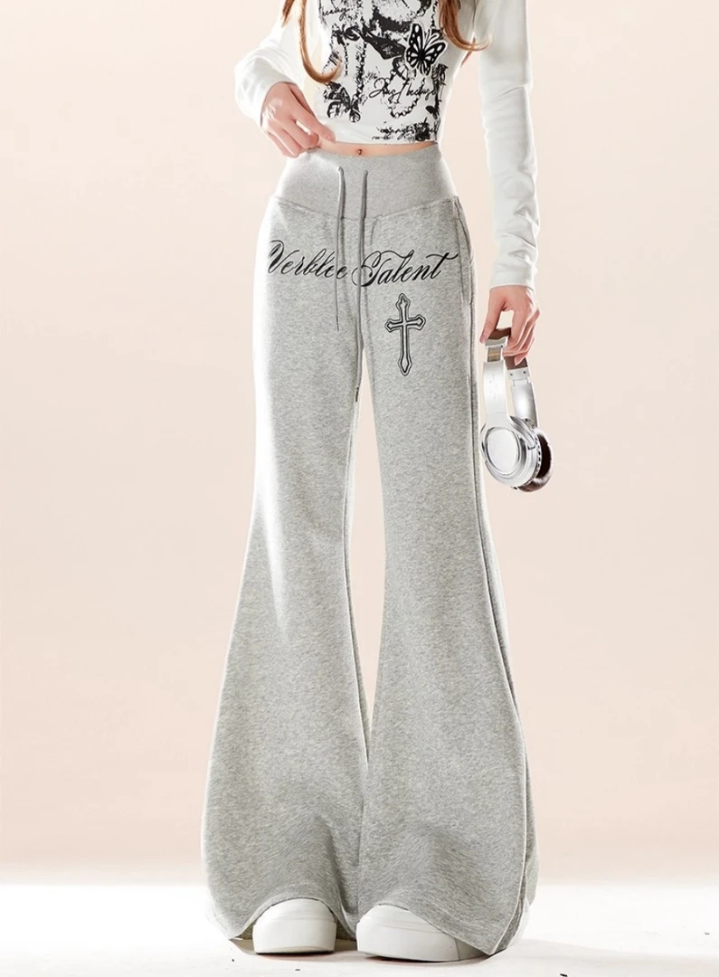 美式复古字母印花阔腿卫裤女秋冬加绒休闲运动街舞拖地微喇长裤子