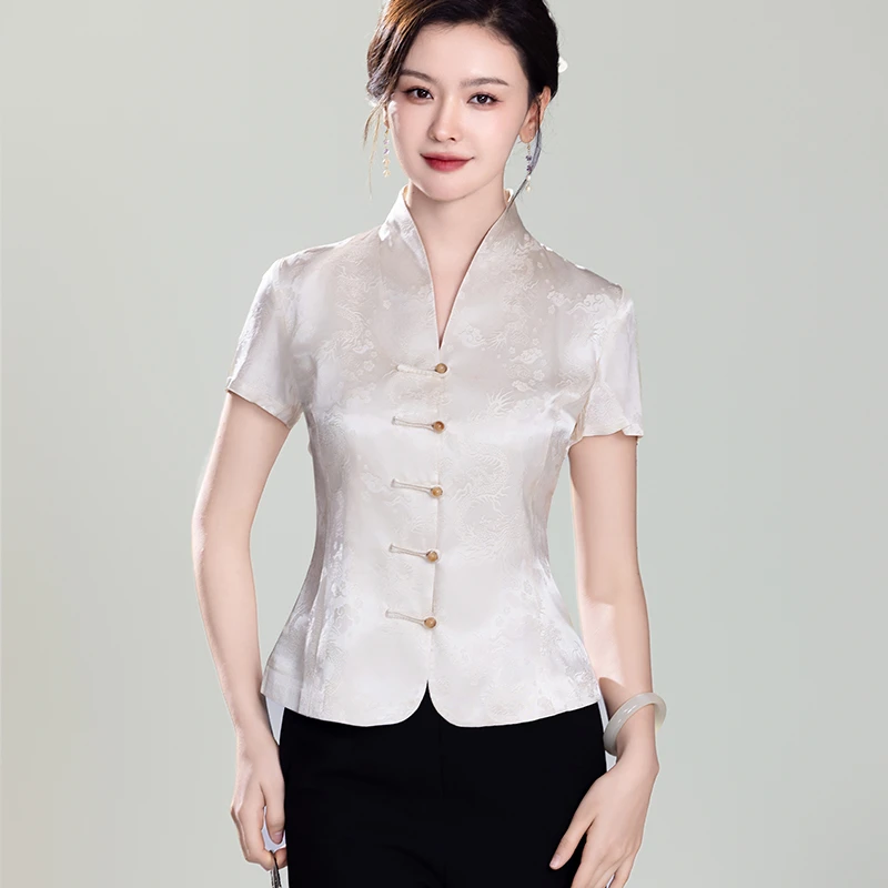 秀观唐金龙2025夏装新中式国风改良改良开襟唐装日常女士旗袍上衣