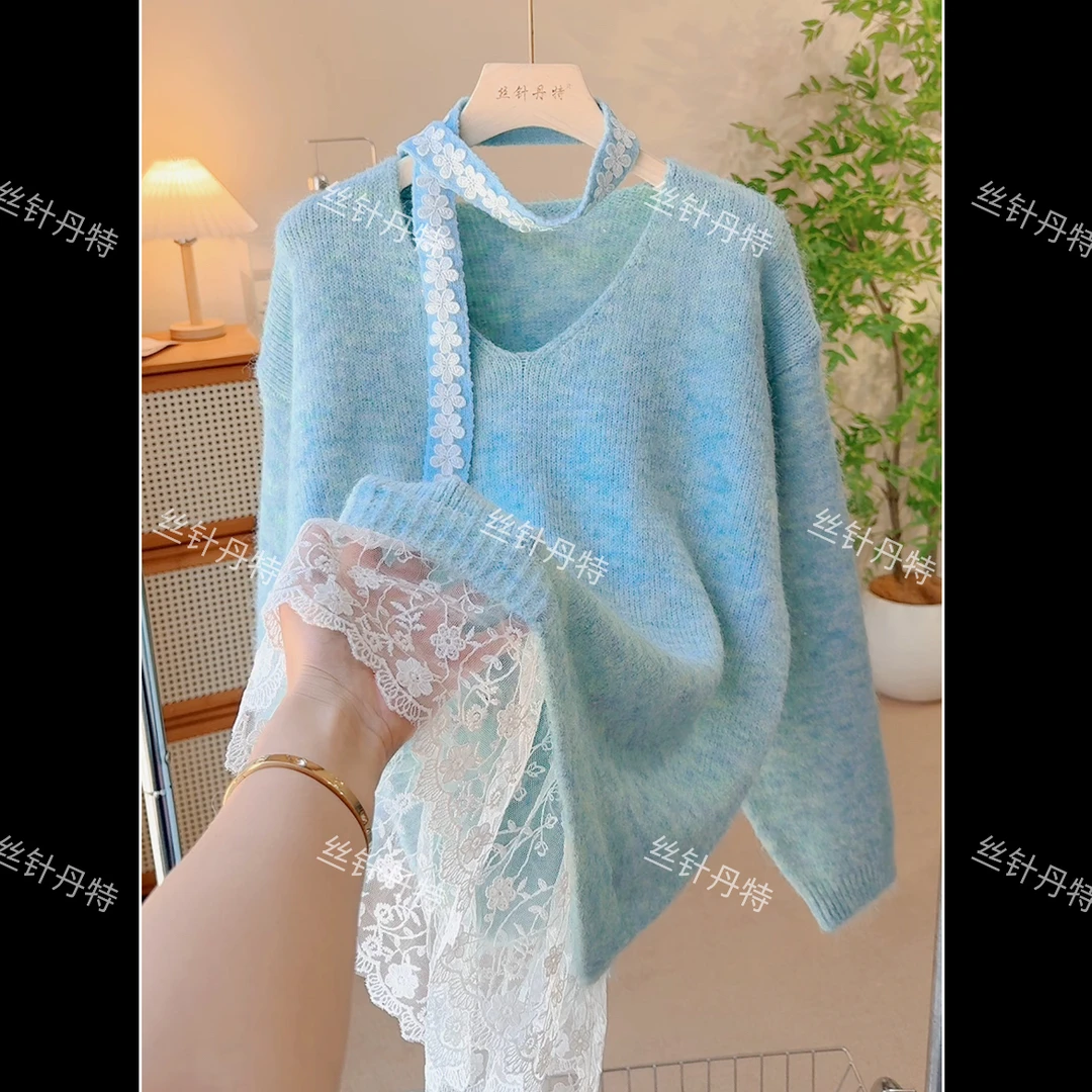 4-蕾丝边V领挎脖针织毛衣女2025新款时尚亮闪闪宽松慵懒风上衣