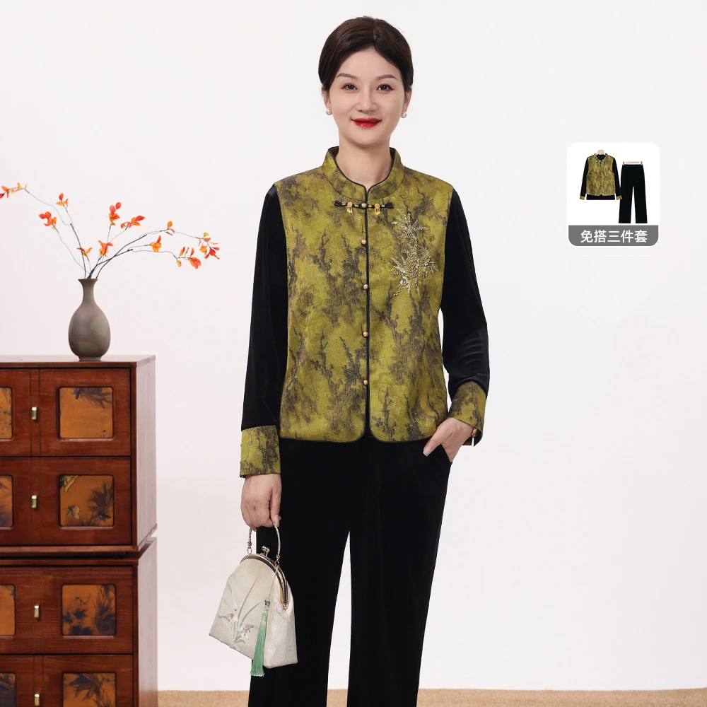 江南妈妈装国风气质盘扣秋季民族风妈妈装显瘦洋气金丝绒三件套