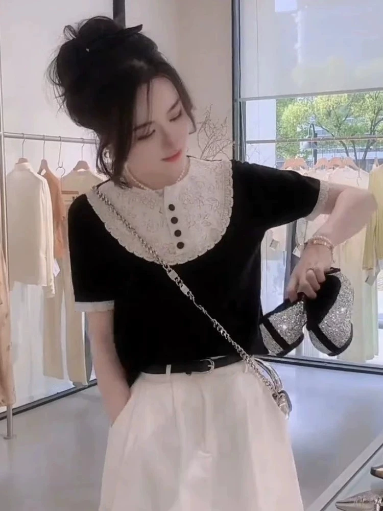 法式设计感小香风蕾丝拼接短袖T恤女夏季新款时尚气质显瘦上衣潮