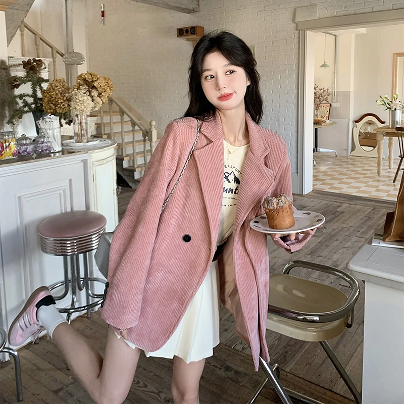 粉色灯芯绒休闲西装外套女春2025新款韩系超好看小个子宽松小西服
