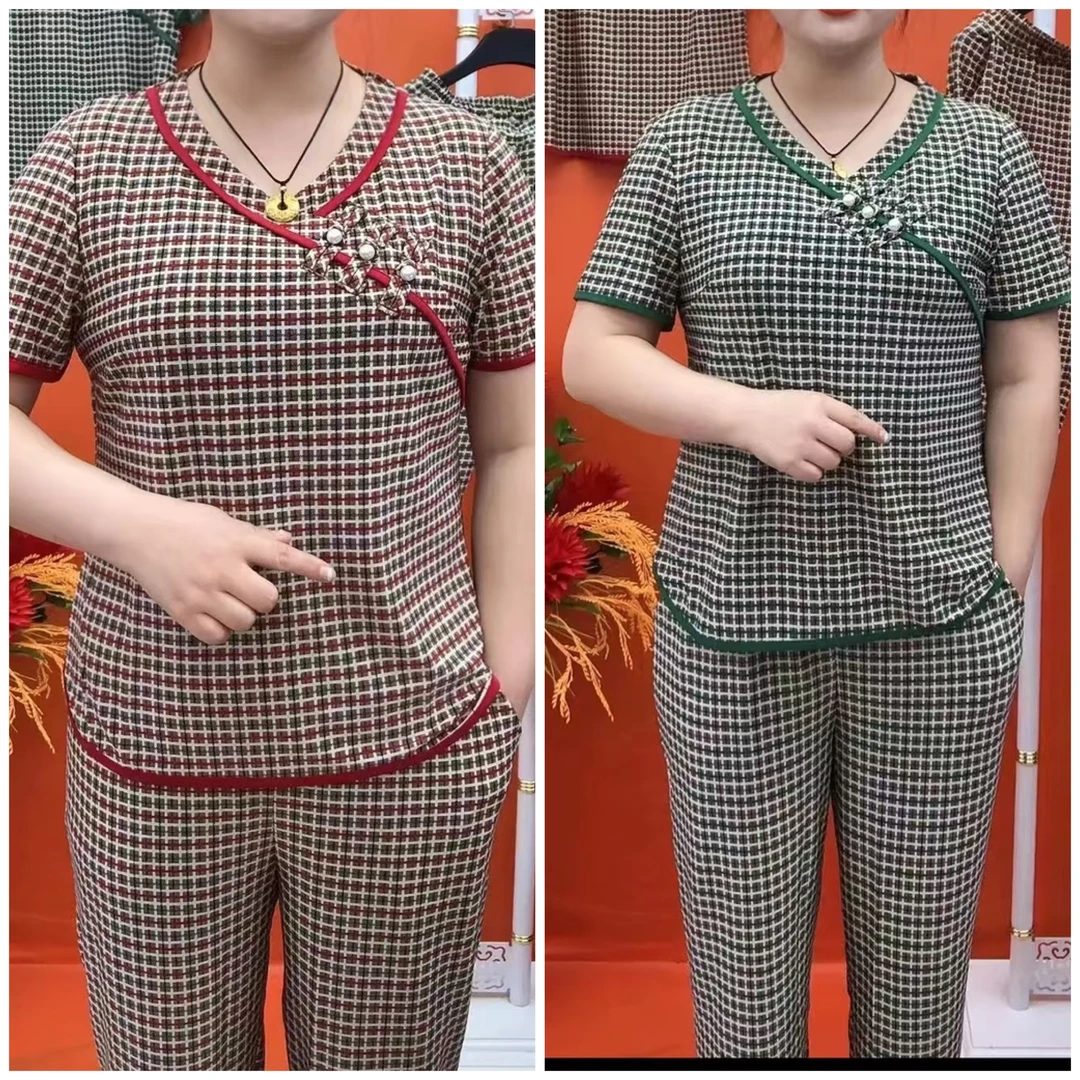 夏季时尚百搭减龄格子妈妈装洋气套装