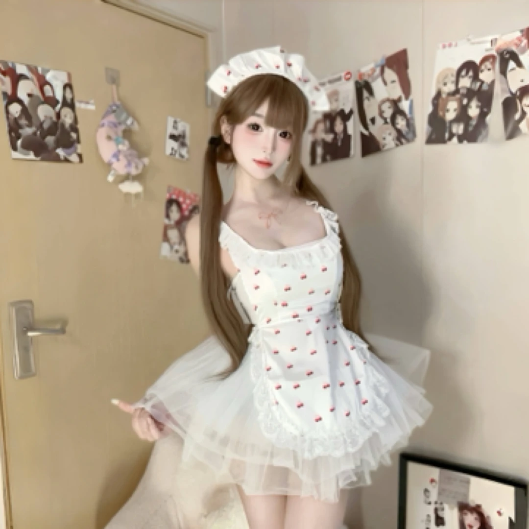 「脸红日记」性感可爱萝莉女仆围裙水灵樱桃蕾丝lolita连衣裙
