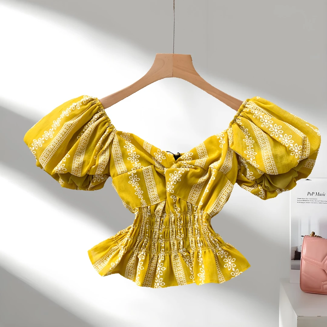 法式方领泡泡袖提花衬衫时尚轻奢百搭收腰别致露脐上衣洋气衣服女