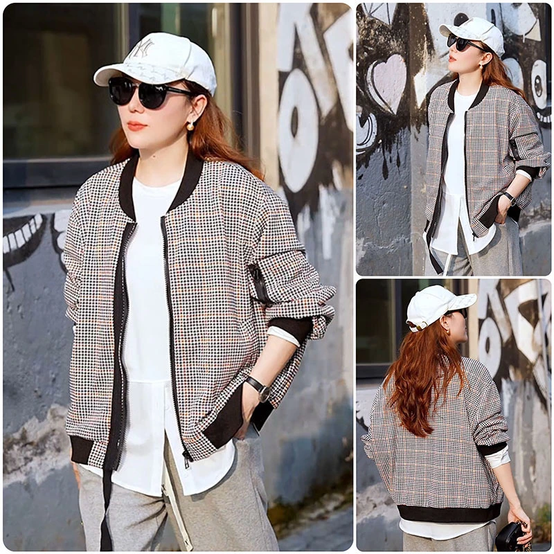 秋季新款大码质感提花格子夹克高级感胖mm时尚拉链宽松外套上衣女