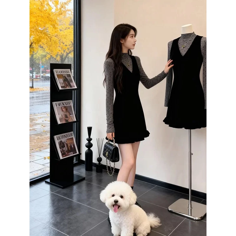 高级感复古套装女2025秋冬季波点打底衫+丝绒背心连衣裙两件套女