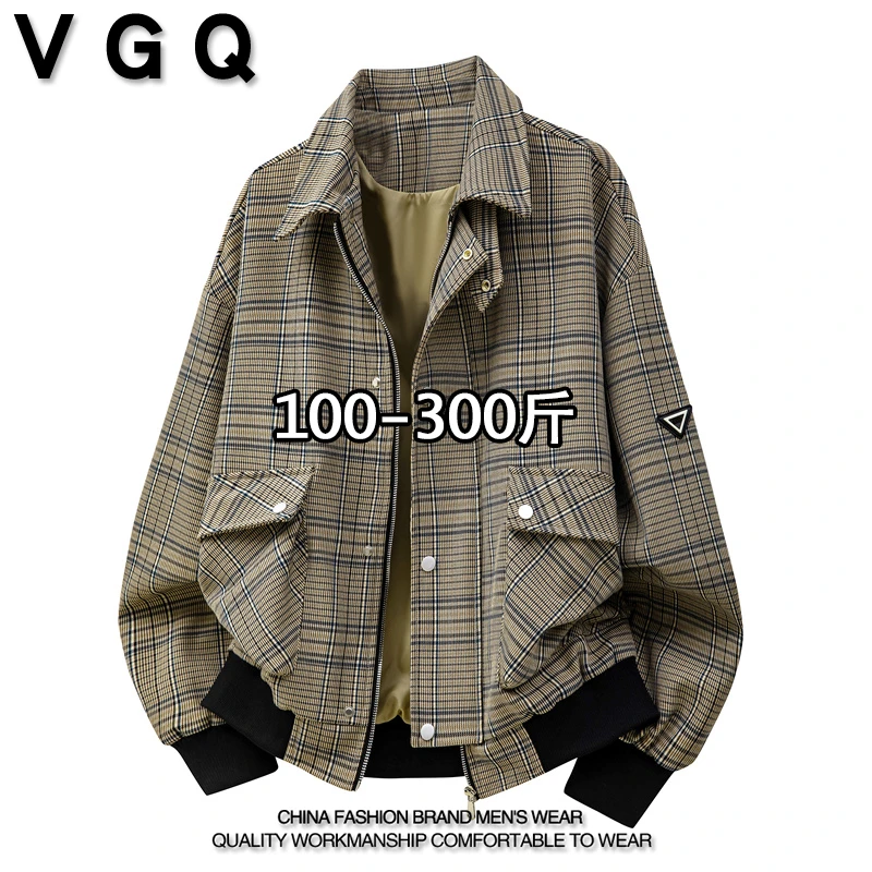 VGQ男士千鸟格夹克2025春秋季新款加肥大码宽松胖子百搭翻领外套