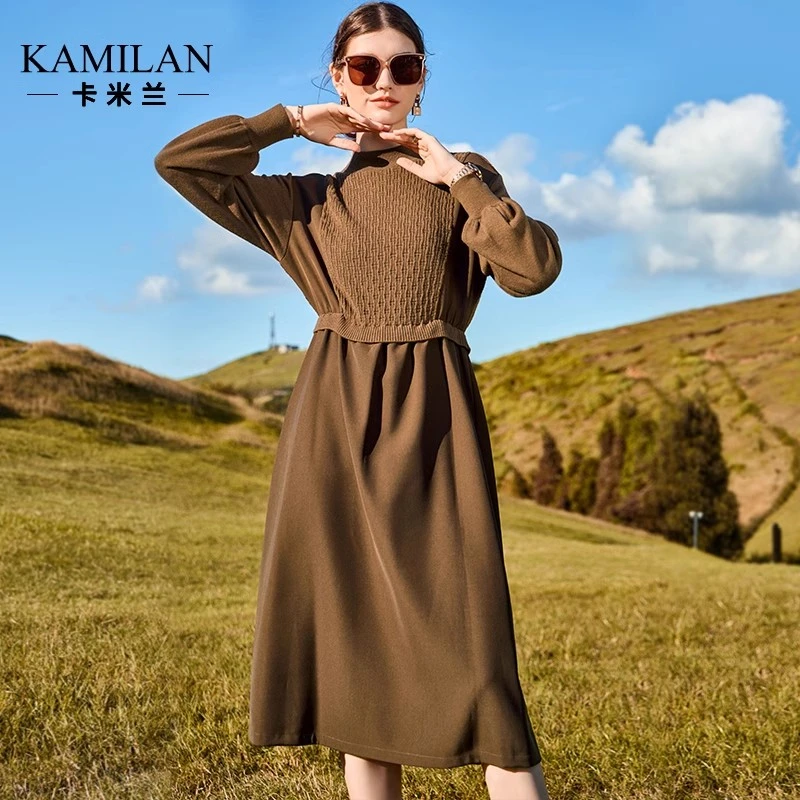 卡米兰针织连衣裙女2023秋冬新款收腰中长款灯笼袖拼接毛衣打底裙