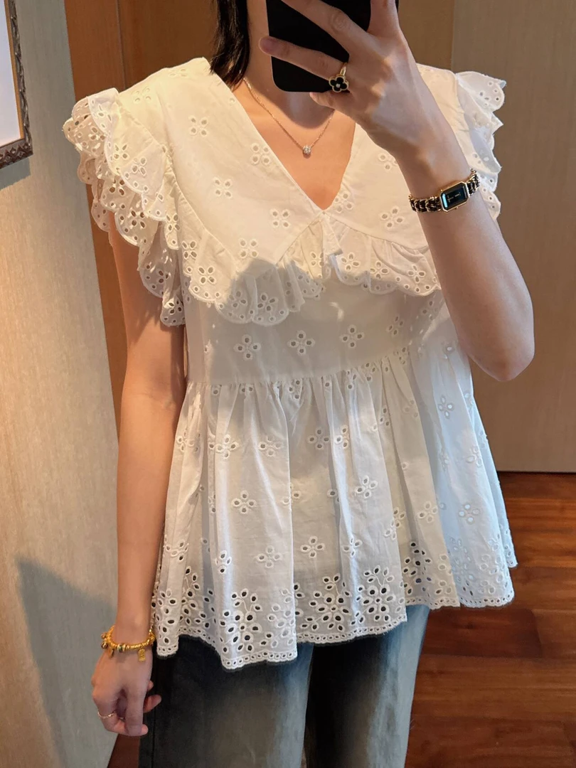 【张静芝】刺绣镂空钩花边娃娃衬衫