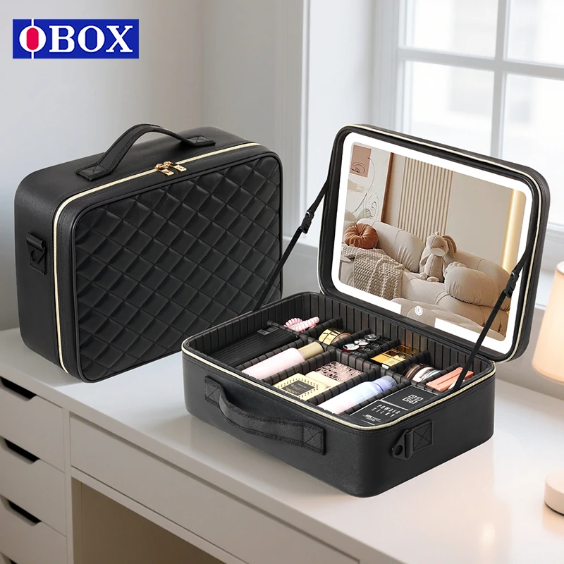 OBOX化妆包随身携带大容量全屏带灯镜子便携出行化妆品收纳包