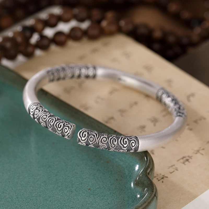 足银手镯  圆肚复古祥云实心开口手镯个性复古男女足银9999