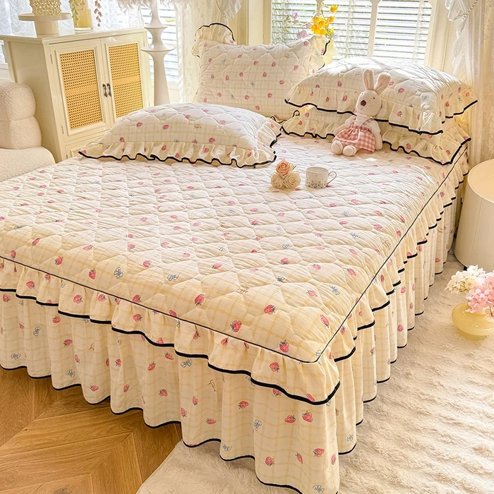 水洗棉床裙式床罩单件磨毛夹棉加厚带裙边防尘罩席梦思床垫保护套