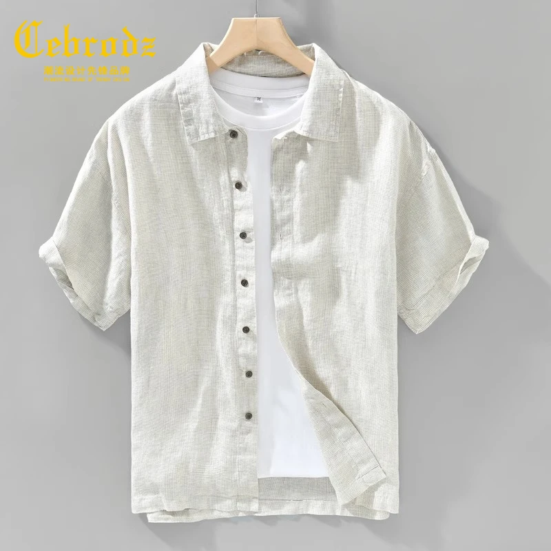 法国Cebrodz高级感短袖衬衫男夏季亚麻高端商务休闲男士衬衣宽松