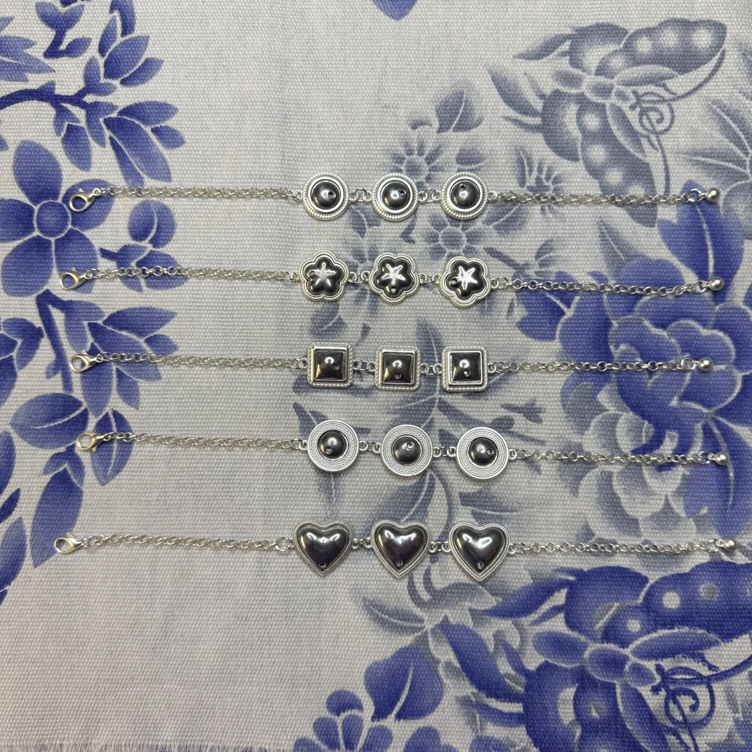 新款云南民族风网红哑银DIY手链梅花桃心方形配件底胚