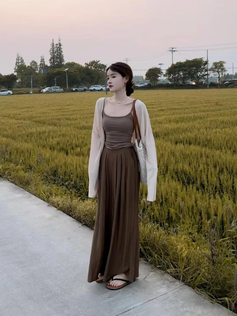 【满分松弛】时尚休闲慵懒风新款杏色春装开衫棕色背心吊带阔腿长裤