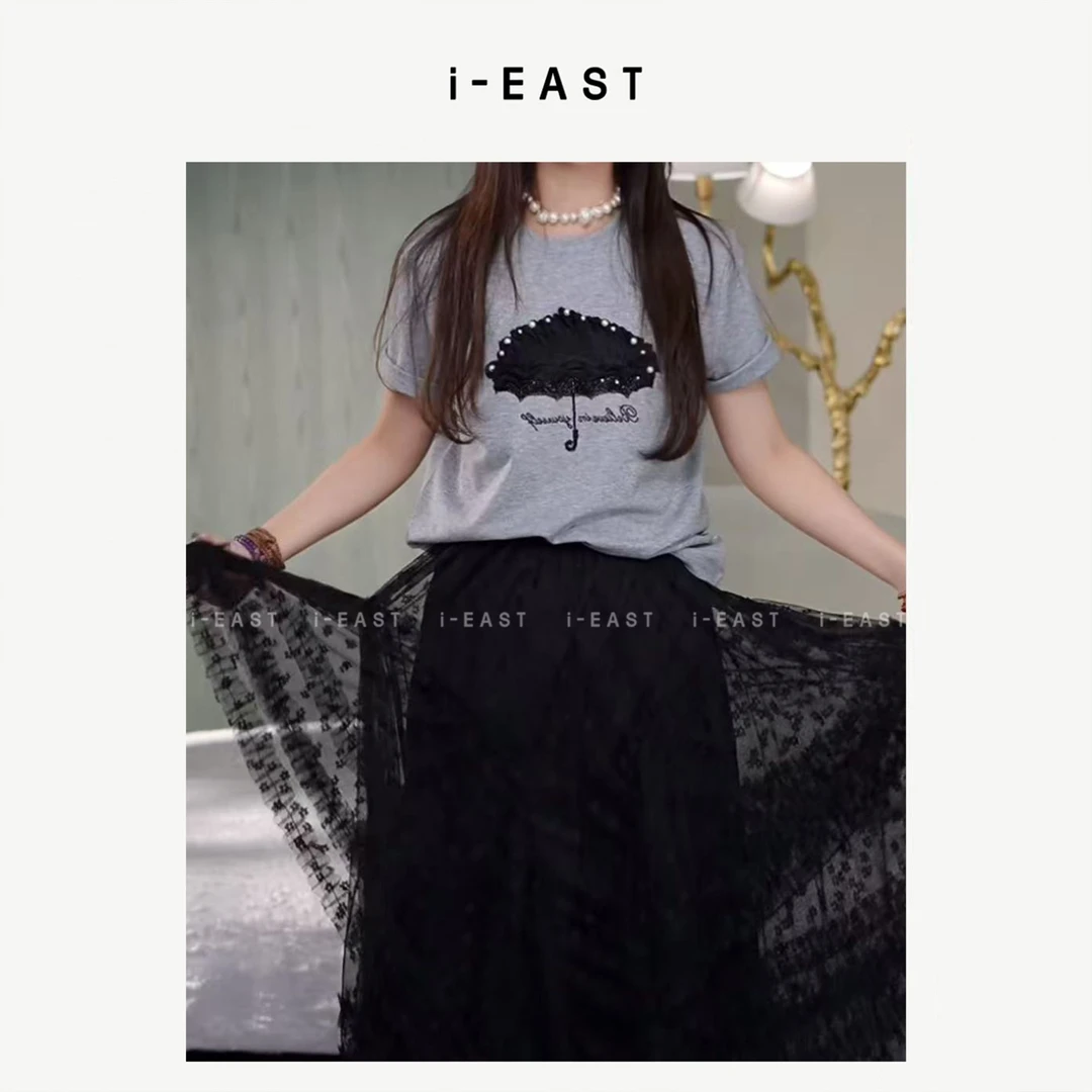 i-EAST 手工雨伞~钉珠设计感百搭短袖T恤上衣-5X SY8805
