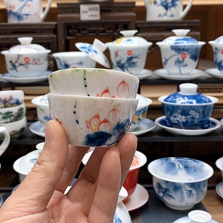 手绘微瑕荷花杯2个装