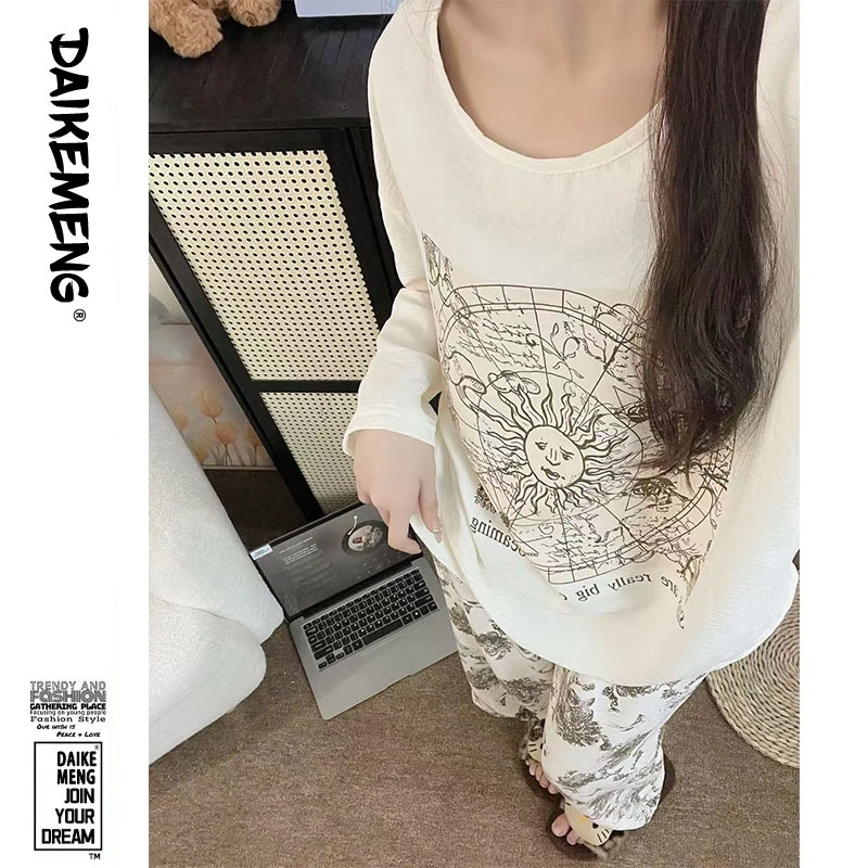 轻奢文艺太阳花睡衣女春秋2025新款网红风慵懒圆领长袖长裤家居服