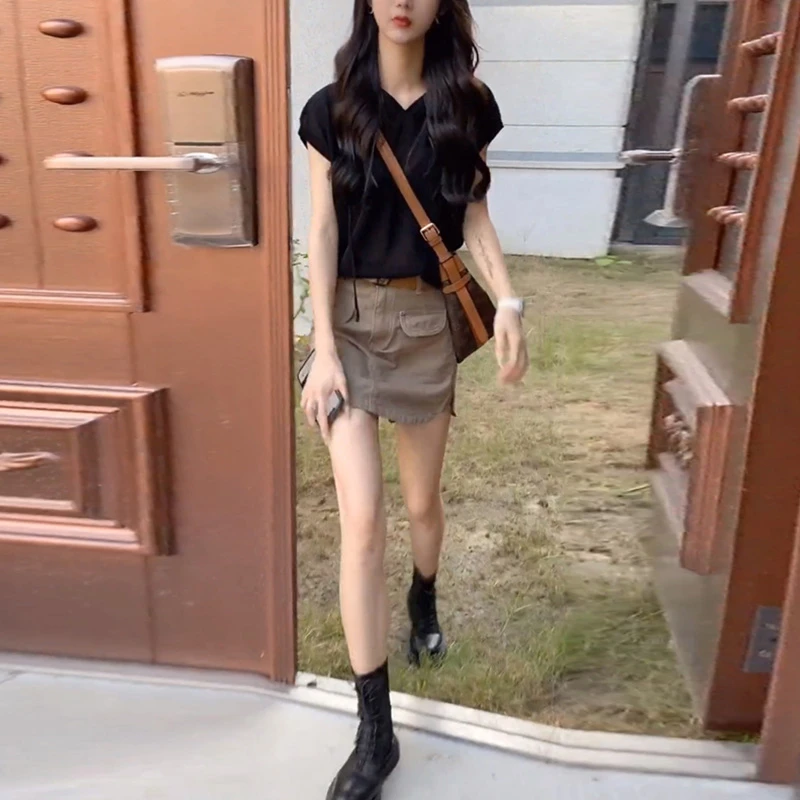 夏季穿搭高级设计感抽绳连帽上衣短袖t恤裙子时尚洋气女装两件套