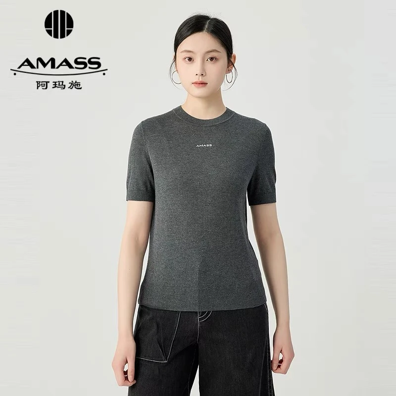 AMASS/阿玛施 胸前logo字母点缀圆领时尚夏季百搭针织短袖538053