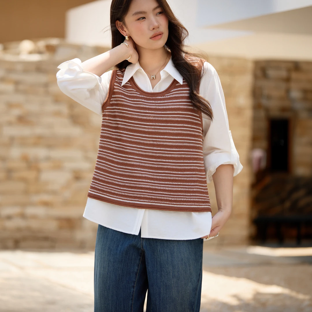 【流光琥珀】纤莉秀E早秋大码女装慵懒条纹气质圆领背心吊带QK3625