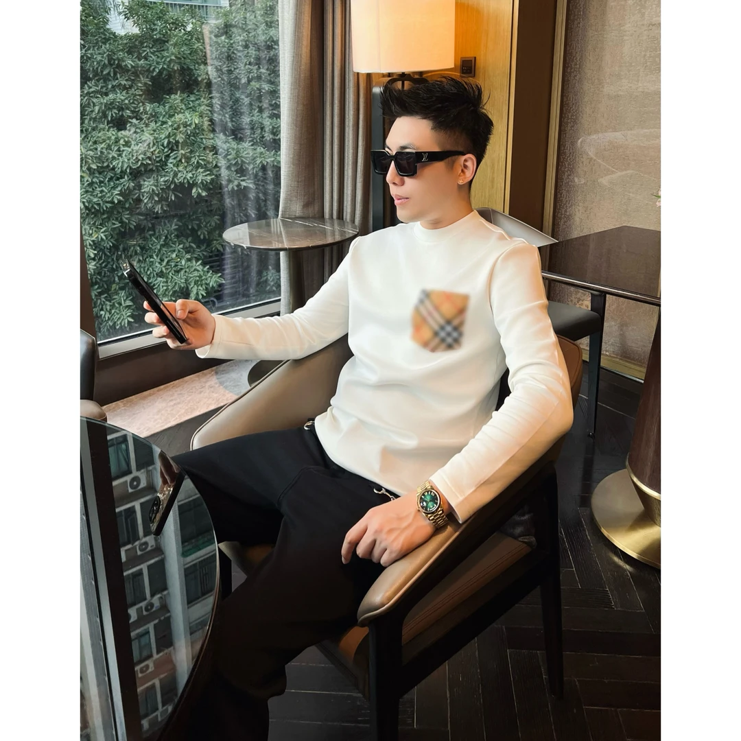 【格纹口袋】老钱男士新款休闲装T恤莫代尔打底长袖洋气高贵上衣
