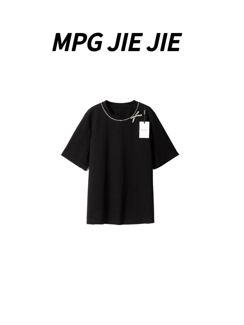 MPG JIEJIE【至美时刻】25夏季黑色宽松拼接蝴蝶结少女感圆领T恤