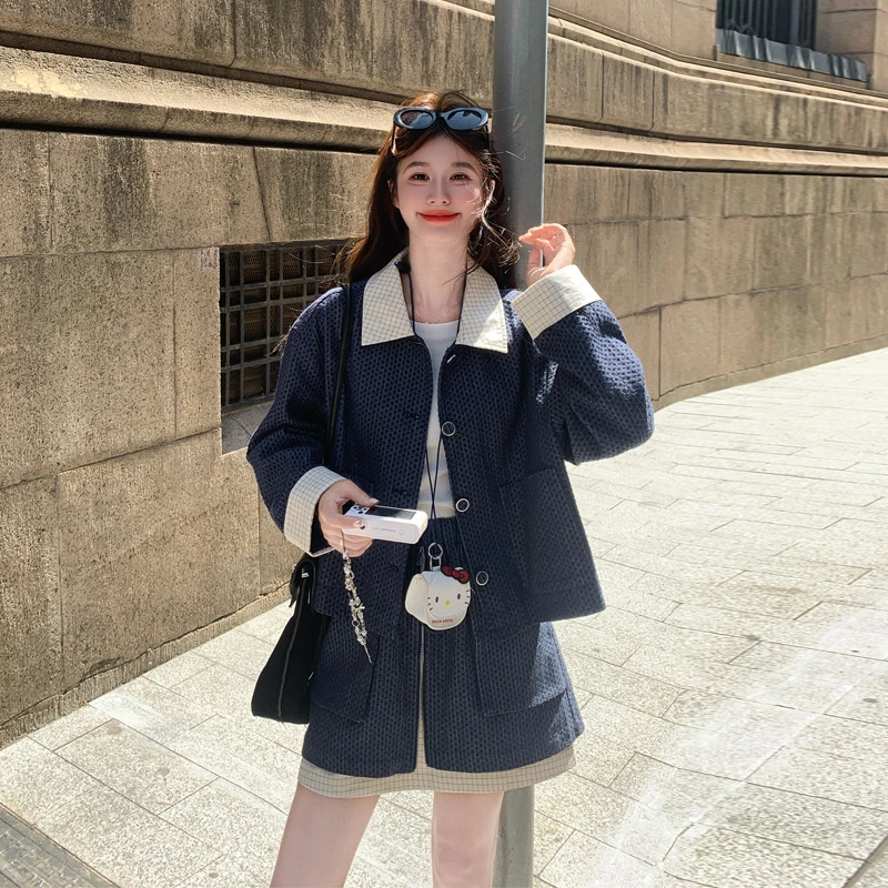 松弛感格纹撞色夹克短裙2025春秋新款小众韩系ins炸街通勤套装裙
