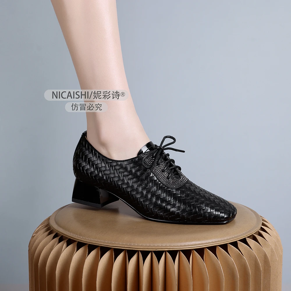 2025年新款欧美黑色粗跟乐福鞋英伦风小皮鞋系带软底百搭单鞋1143