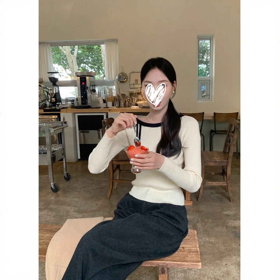 【银杏情书 wooly 】斜肩长袖蝴蝶结系带针织上衣