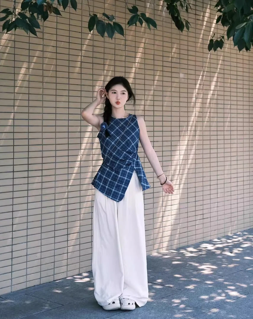 夏装搭配一整套轻熟韩系减龄格子背心上衣休闲拖地阔腿裤两件套装