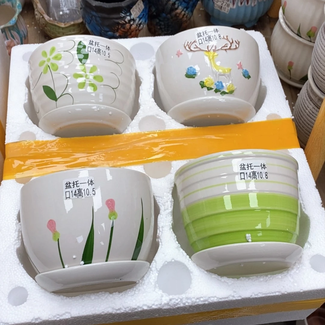 夏西陶瓷花盆@@四个手绘