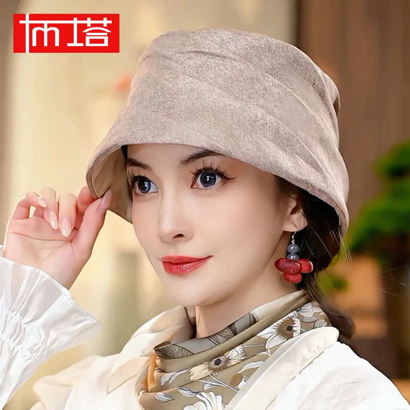 布塔100%桑蚕丝春夏季休闲褶皱渔夫帽女韩版百搭小沿防晒遮阳帽子