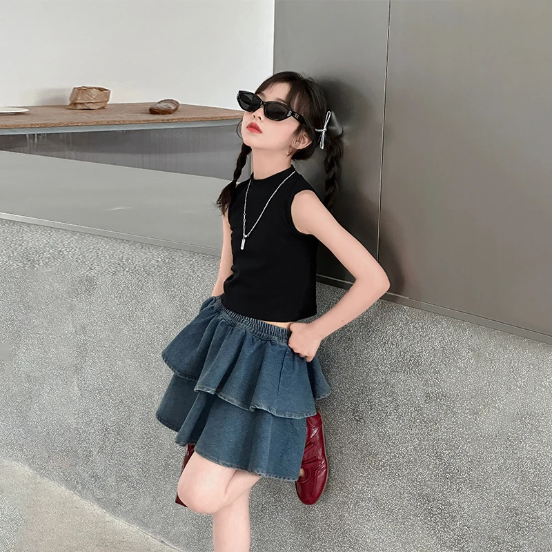 女童夏日裙子套装2025新款女大童洋气夏季短裙潮酷穿搭夏装牛仔裙