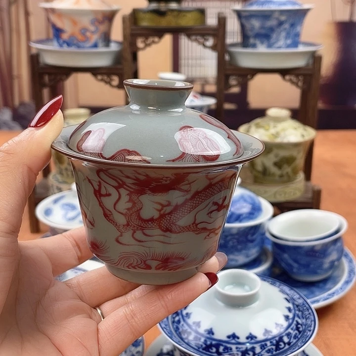 摆件红龙两才盖碗