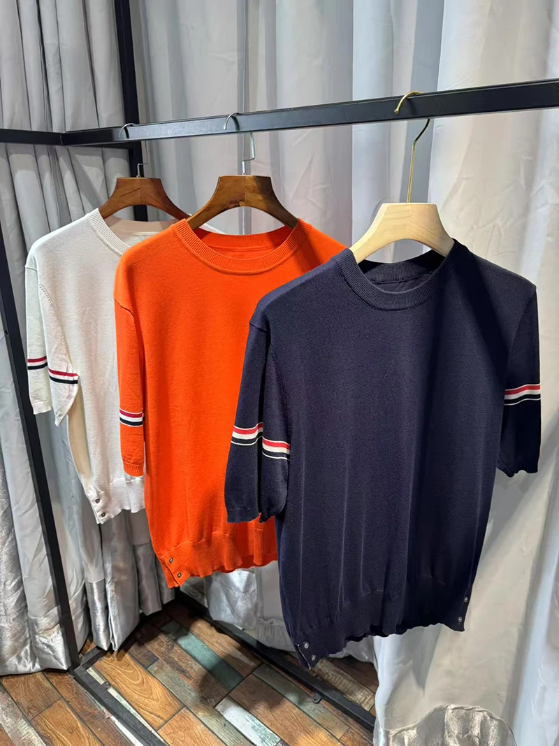 【少量现货】【51%桑蚕丝】TB风色织短袖T恤男针织休闲圆领夏