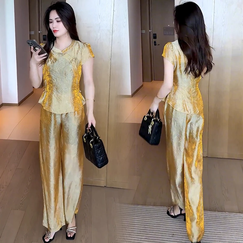 新中式时尚套装女2025夏季新款洋气显瘦短袖上衣阔腿裤气质两件套