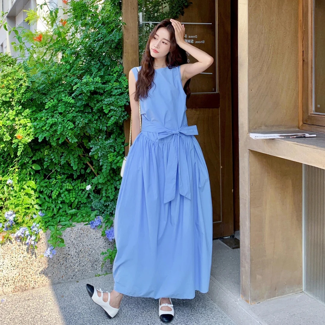 海边度假风蓝色无袖背心连衣裙子女2025夏季新款气质绑带长裙4919