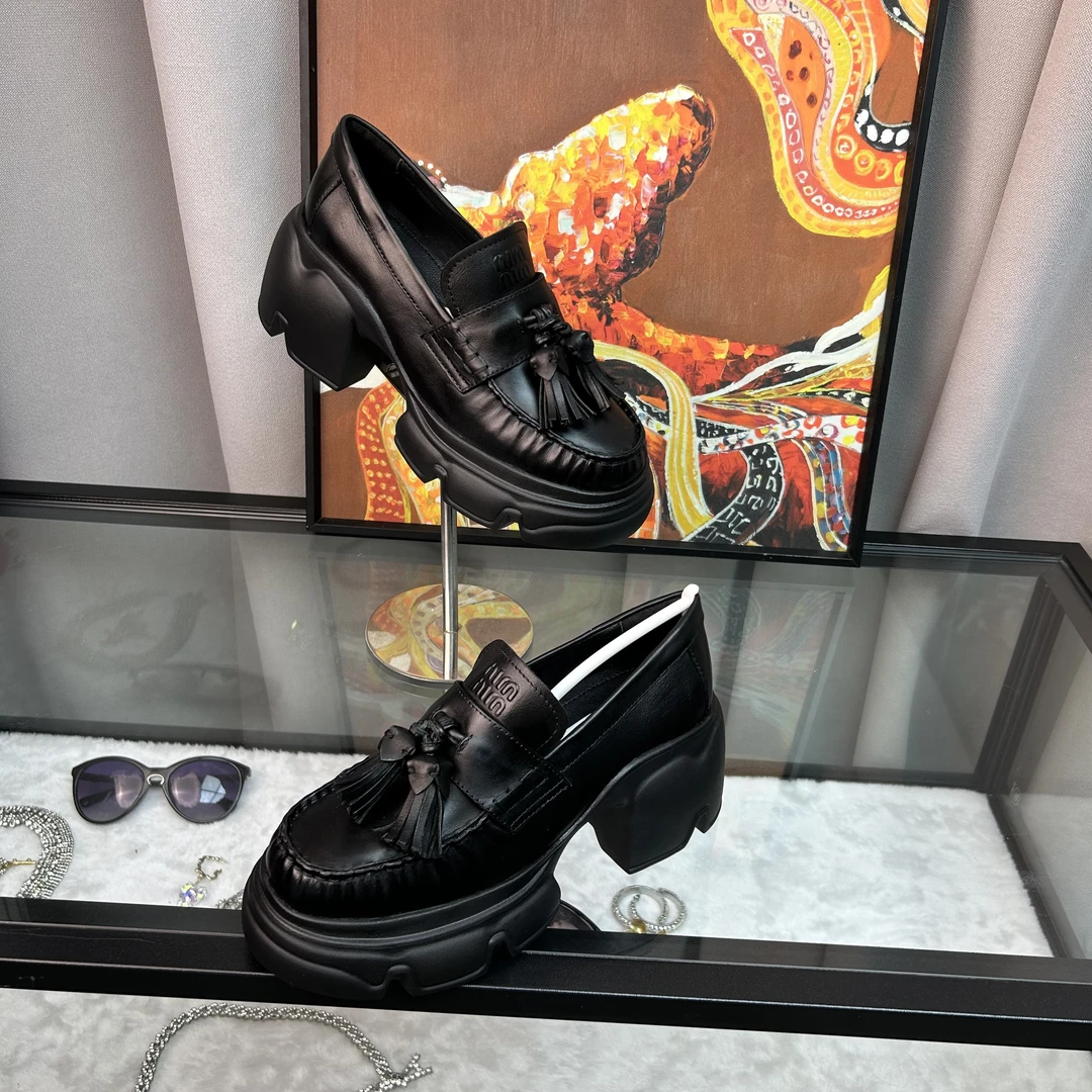 OYINEAR圆头乐福鞋皮鞋增高7厘米流苏厚底松糕底单鞋秋季复古