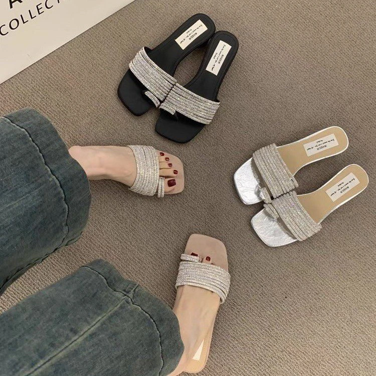 法式水钻套趾凉鞋百搭粗跟凉拖鞋女夏季外穿2025新款高级感仙女鞋