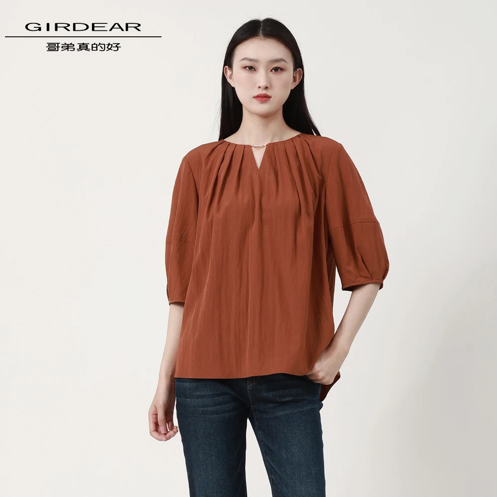 GIRDEAR/哥弟真的好新款气质抽褶上衣设计款百搭小V领T恤女830001