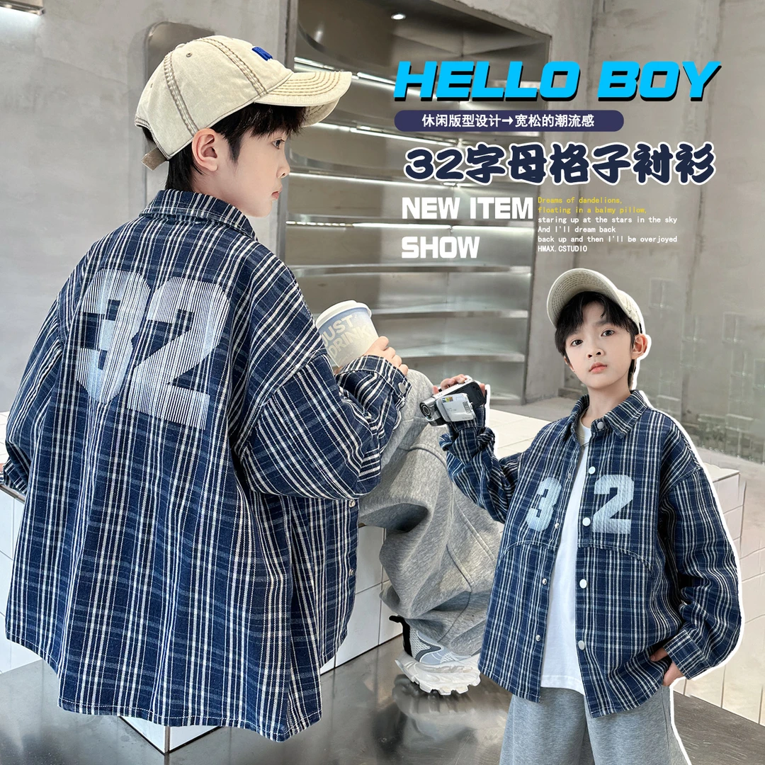 男童牛仔外套秋款男孩字母印花衬衫中大童韩版潮流条纹上衣秋装潮