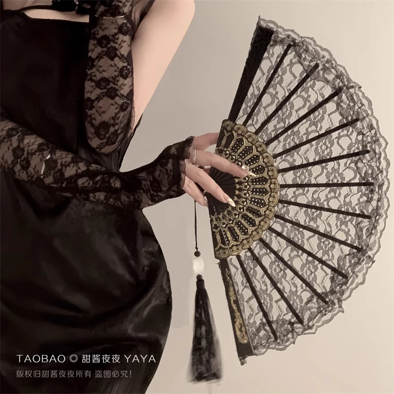 新中式复古黑色国风折扇jk洛丽塔汉服旗袍扇子流苏古风拍照道具女