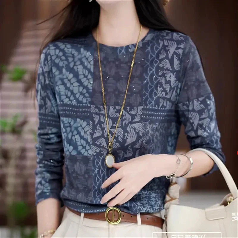 针织宽松T恤少女风时尚薄款常规宽松型套头长袖法式印花百搭秋季