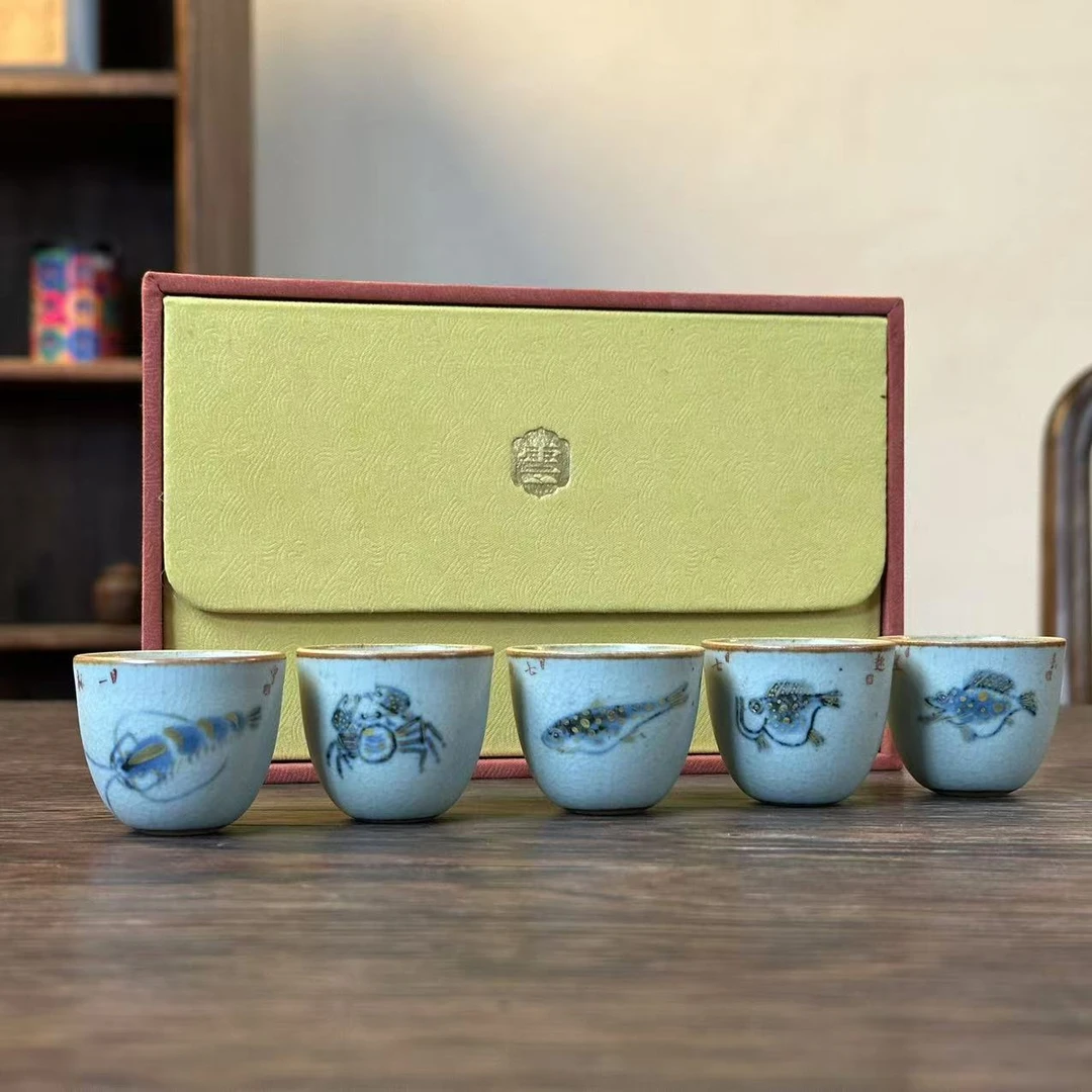 描金虾蟹鱼-朴云堂-小口杯套组(单个30ML)（朴组0020）