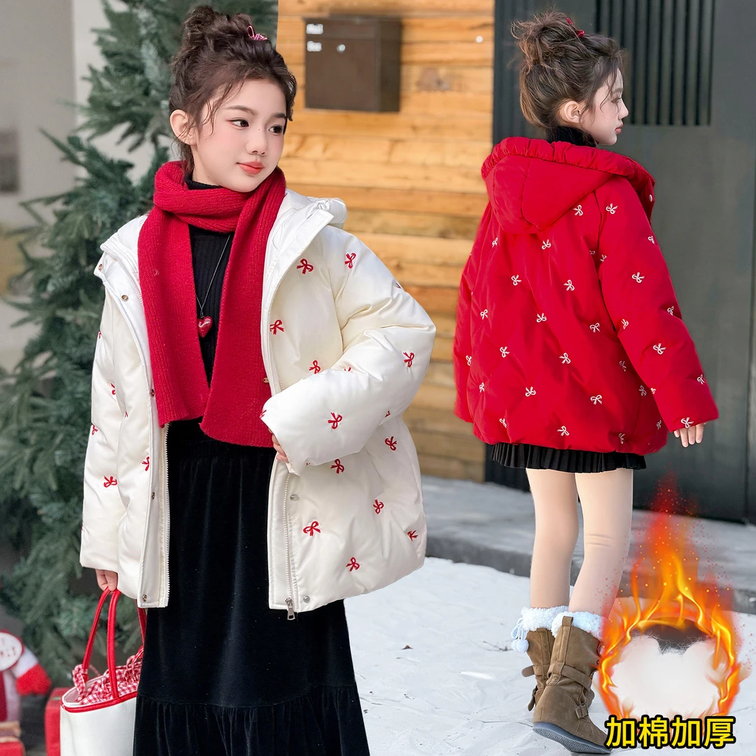 女童公主风棉衣蝴蝶结刺绣棉袄中大童6-12岁女孩时尚洋气红色棉服